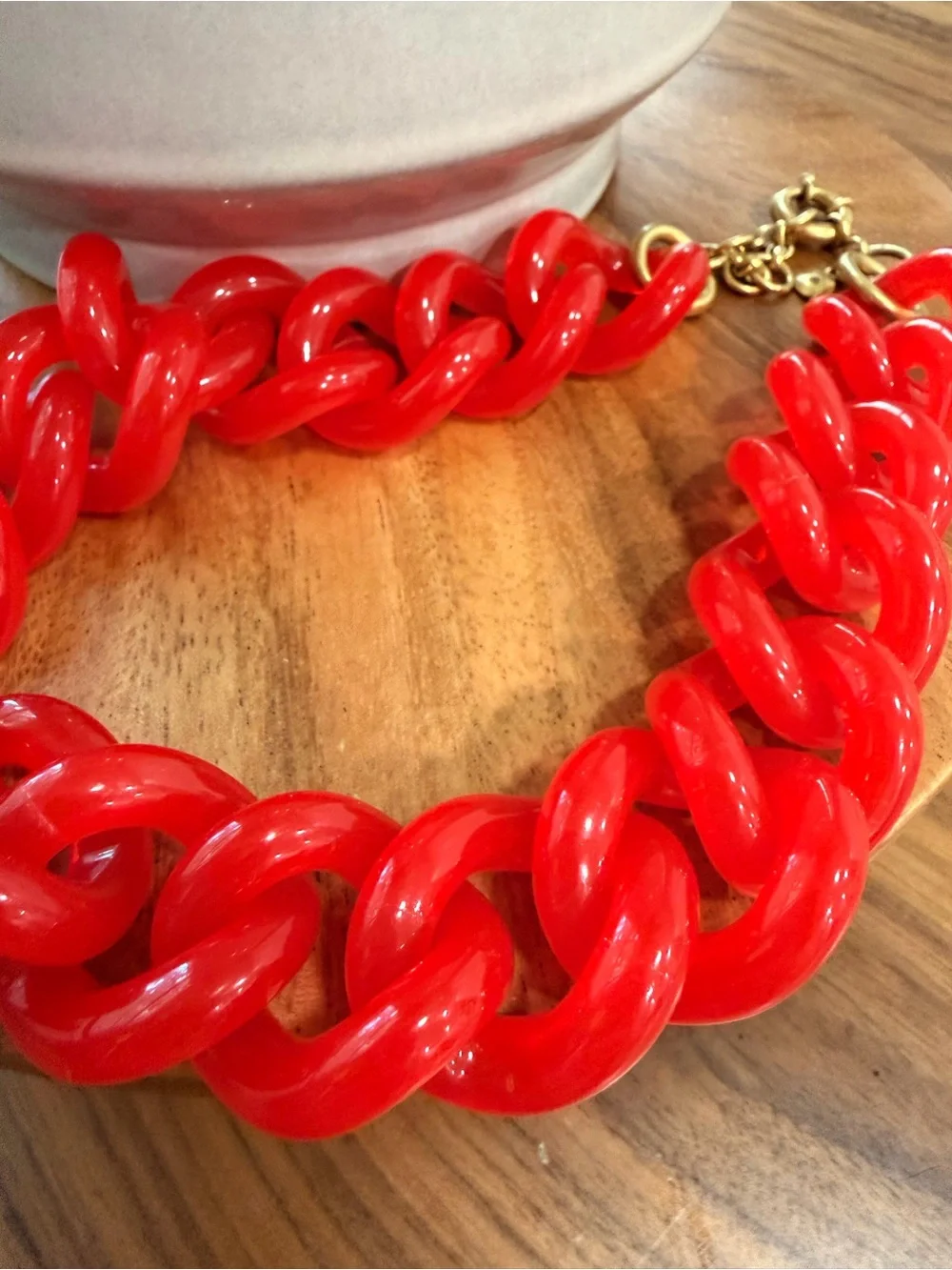 J. Crew Chunky Acrylic Style Necklace W/ Red Links Gold Tone Statement Large